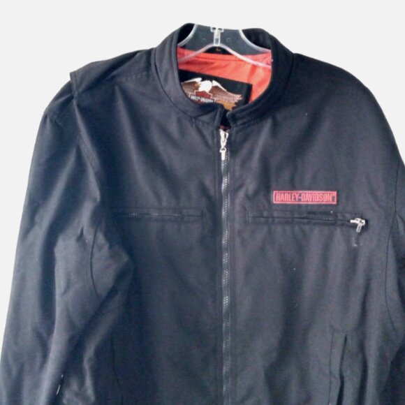Harley-Davidson Black Canvas Jacket Flames Emblem Large Zipper Pockets Authentic - Picture 13 of 14